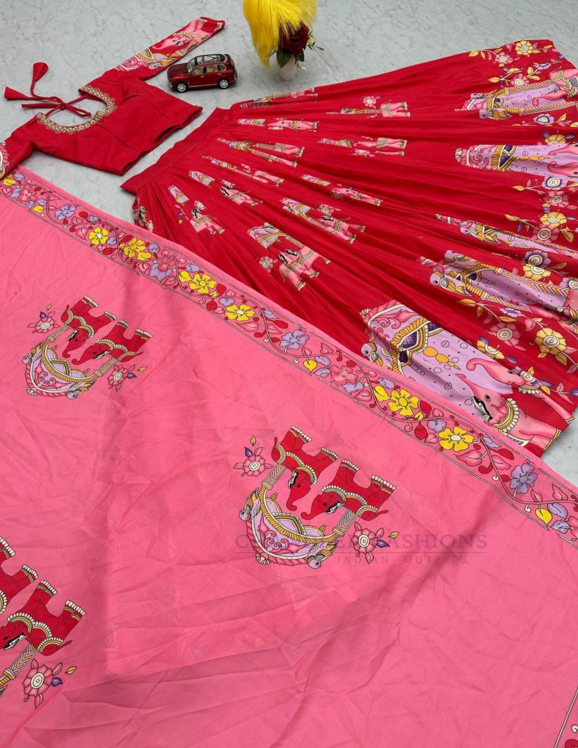 Attractive Red Color Cotton Lehenga Choli With Kalamkari Print Work In Yuma