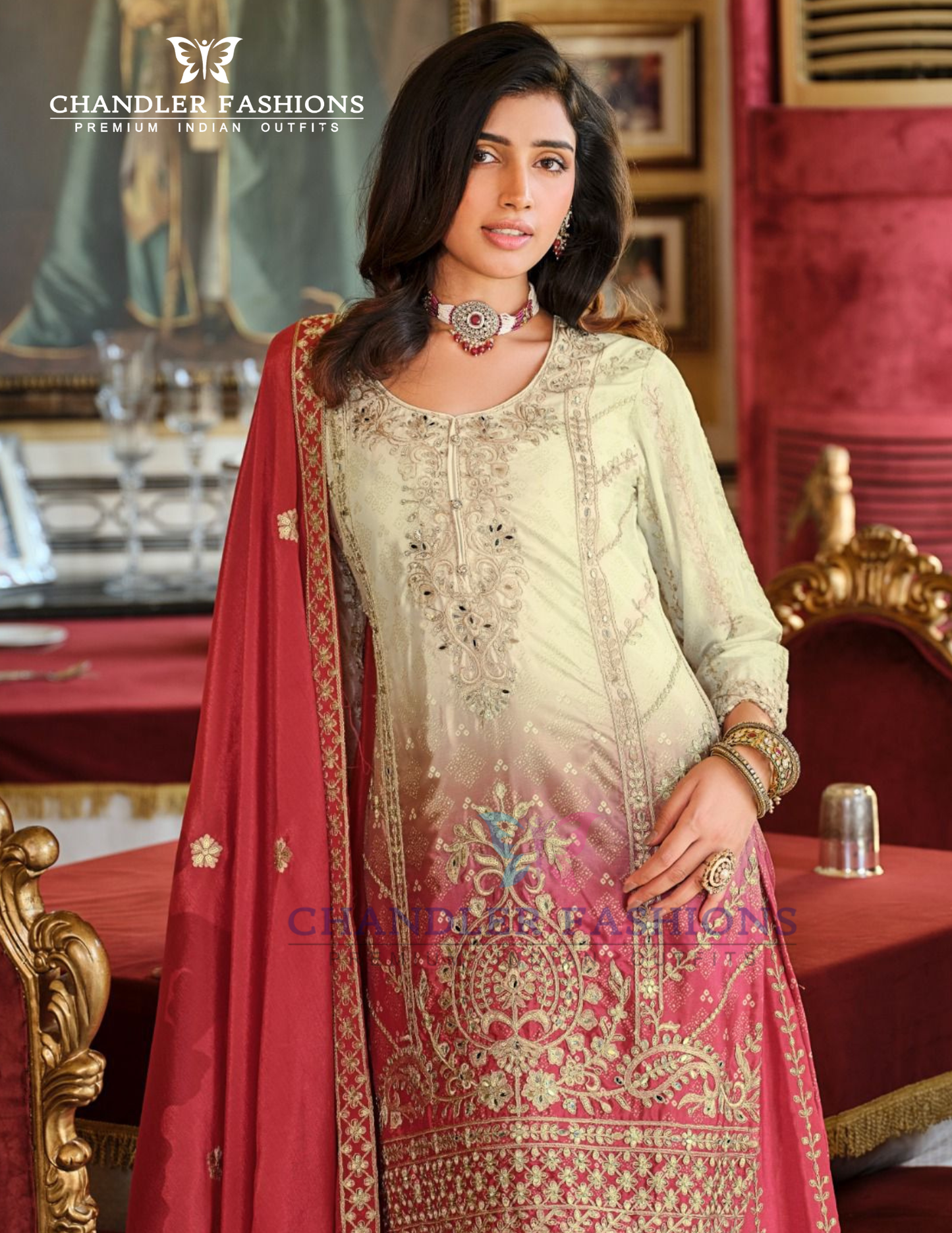 Elegant Red Color Chinon With Digital Print And Embroidery Work Palazzo Suits For Women