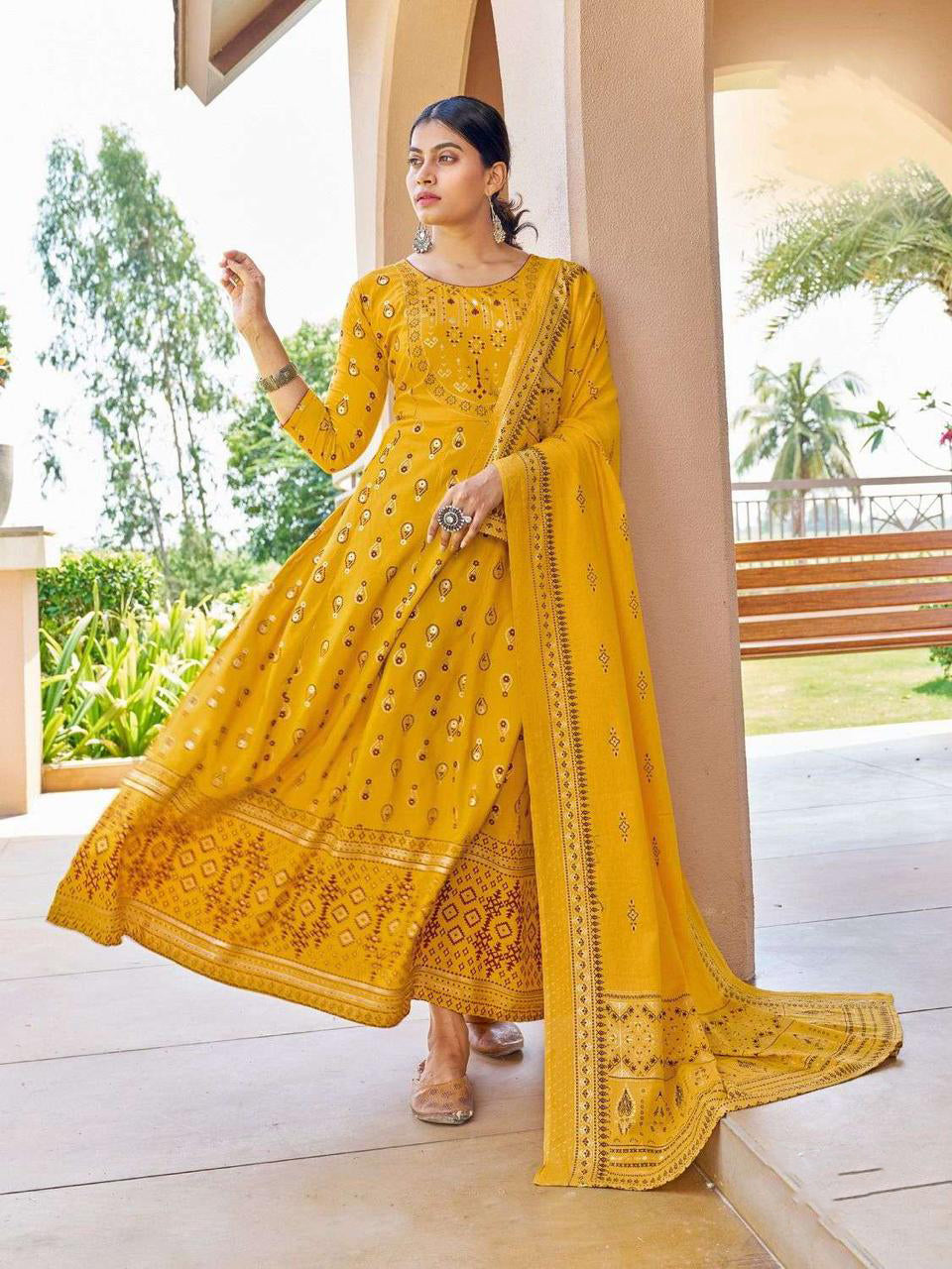 Dazzling Yellow Colored Rayon Printed Work Kurti With Dupatta For Women