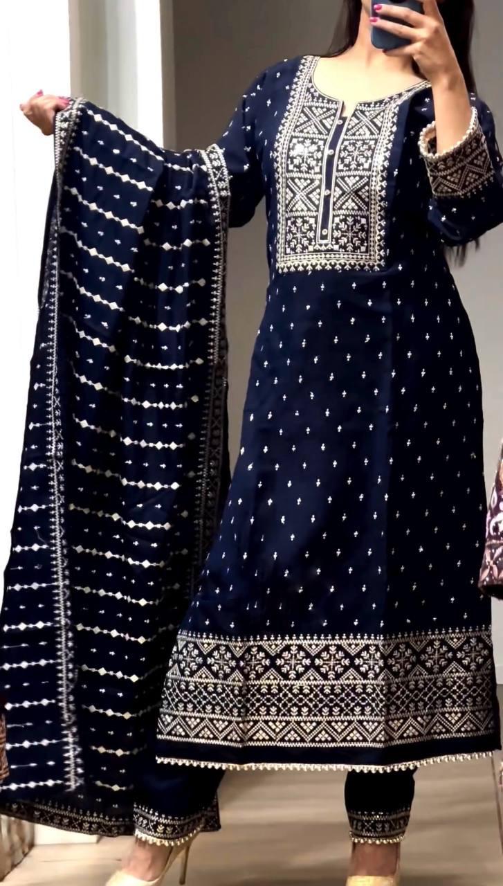 Blue Color Pure Chinon Embroidery And Sequence Work In Near Me