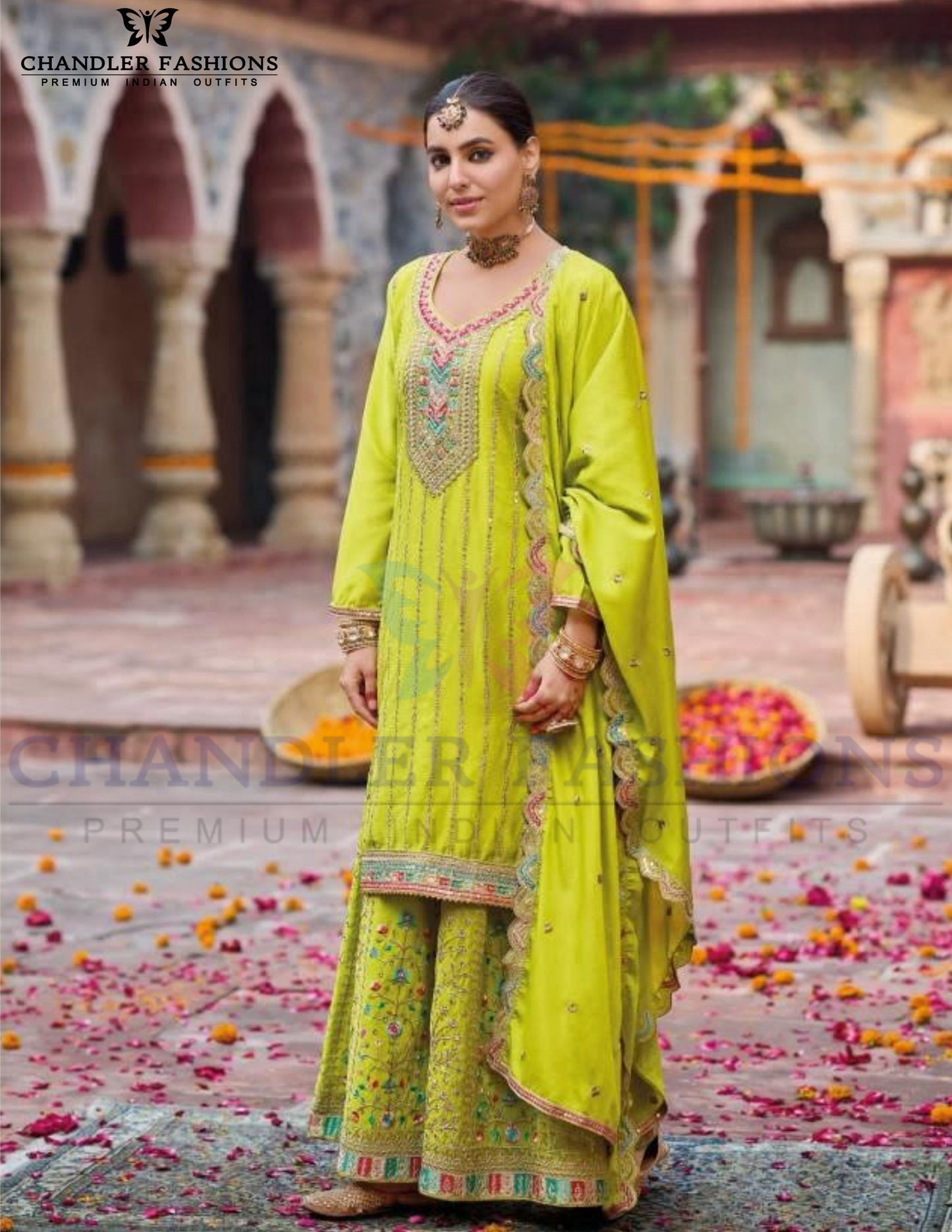 Elegant Lime Green Color Chinon With Embroidery Work Palazzo Suits For Women