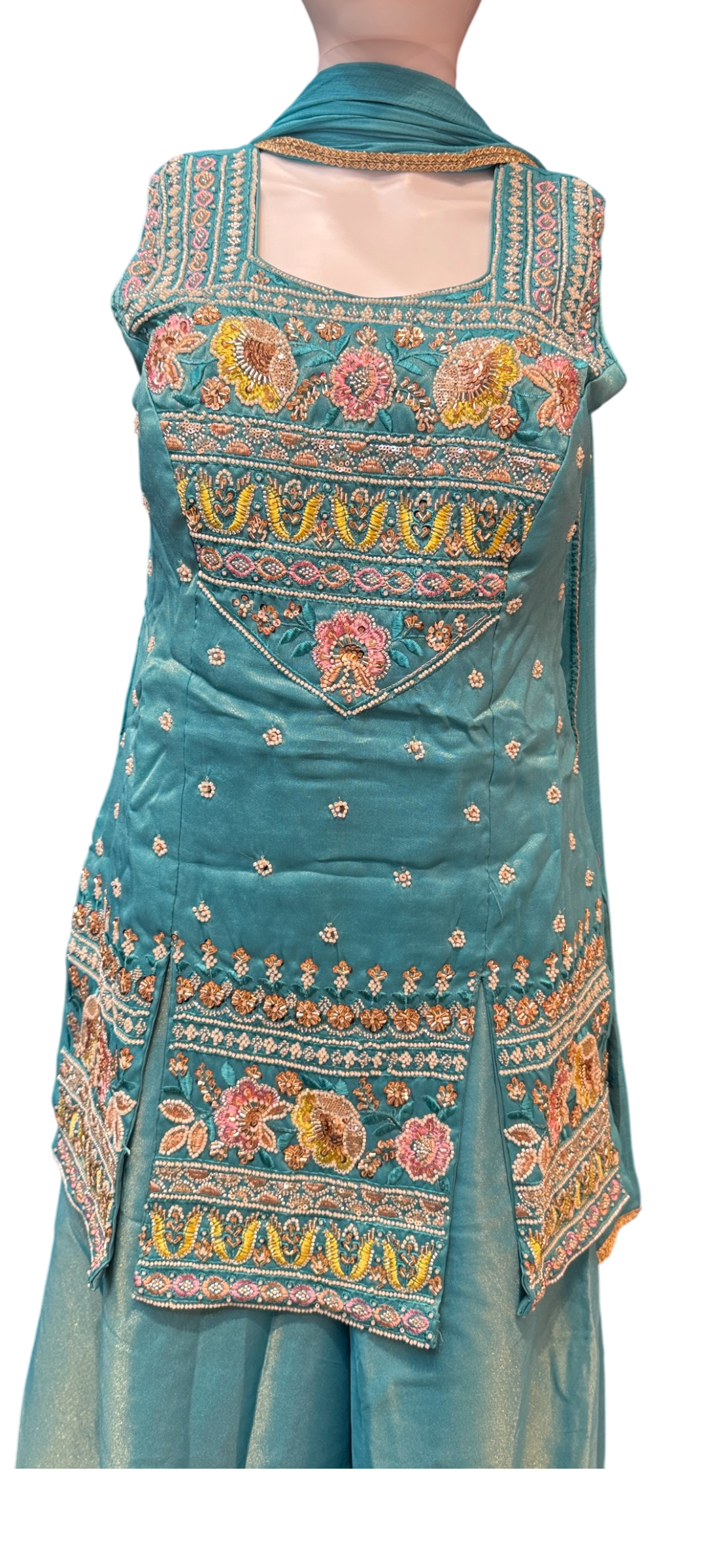 Amazing Teal Green Color Silk With Embroidery Work Sharara Suits With Dupatta For Women