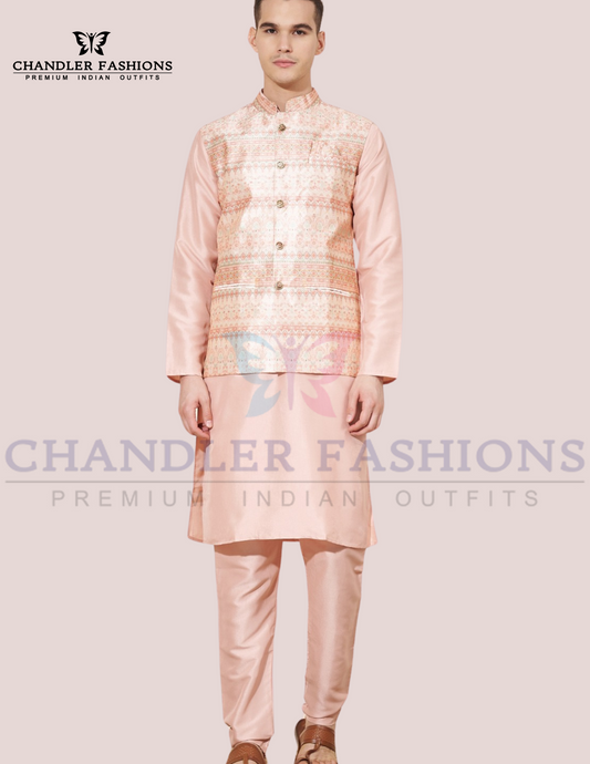 Elegance pink Color Embroidered Work Silk Kurta And Pajama With Jacket