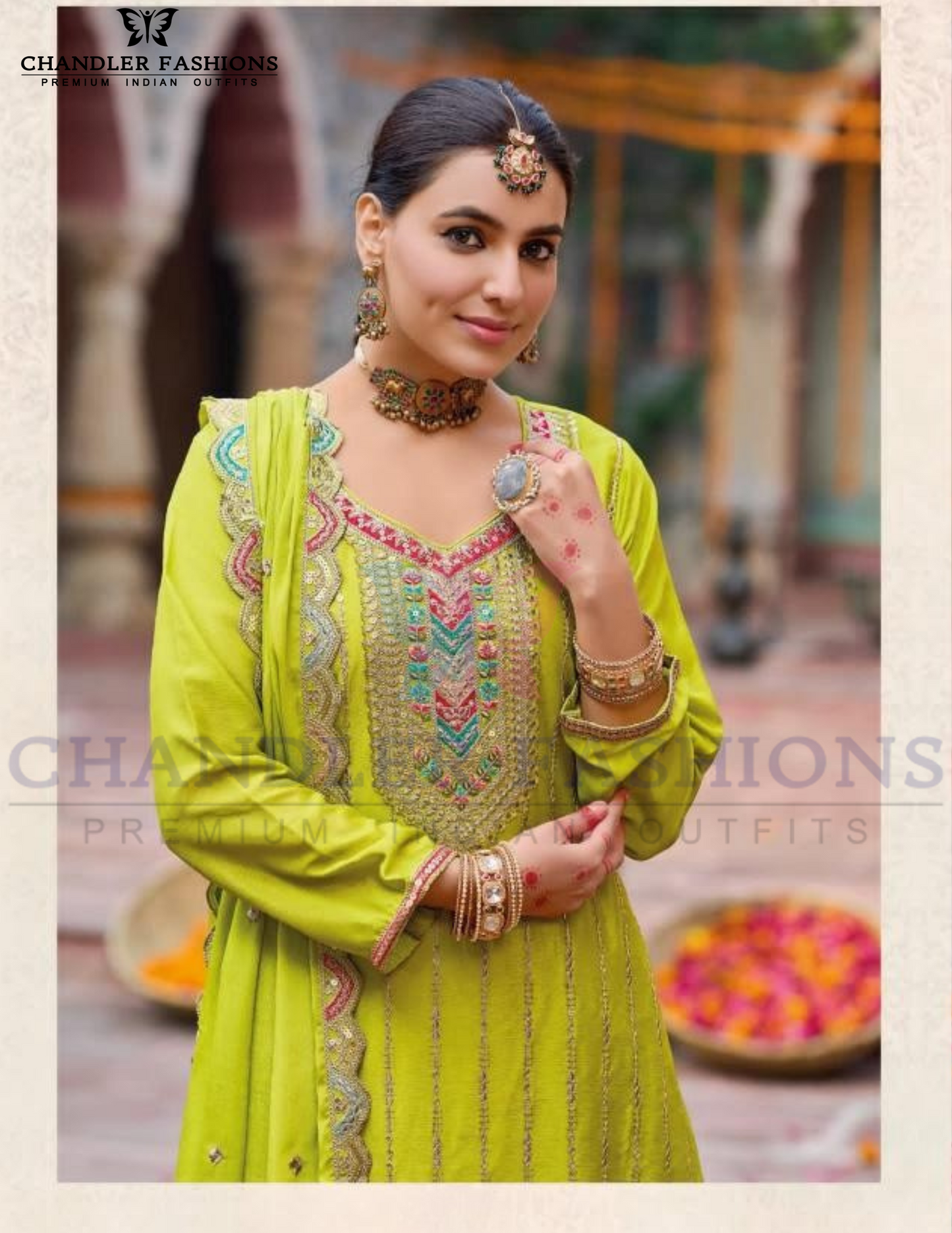 Elegant Lime Green Color Chinon With Embroidery Work Palazzo Suits Near Me
