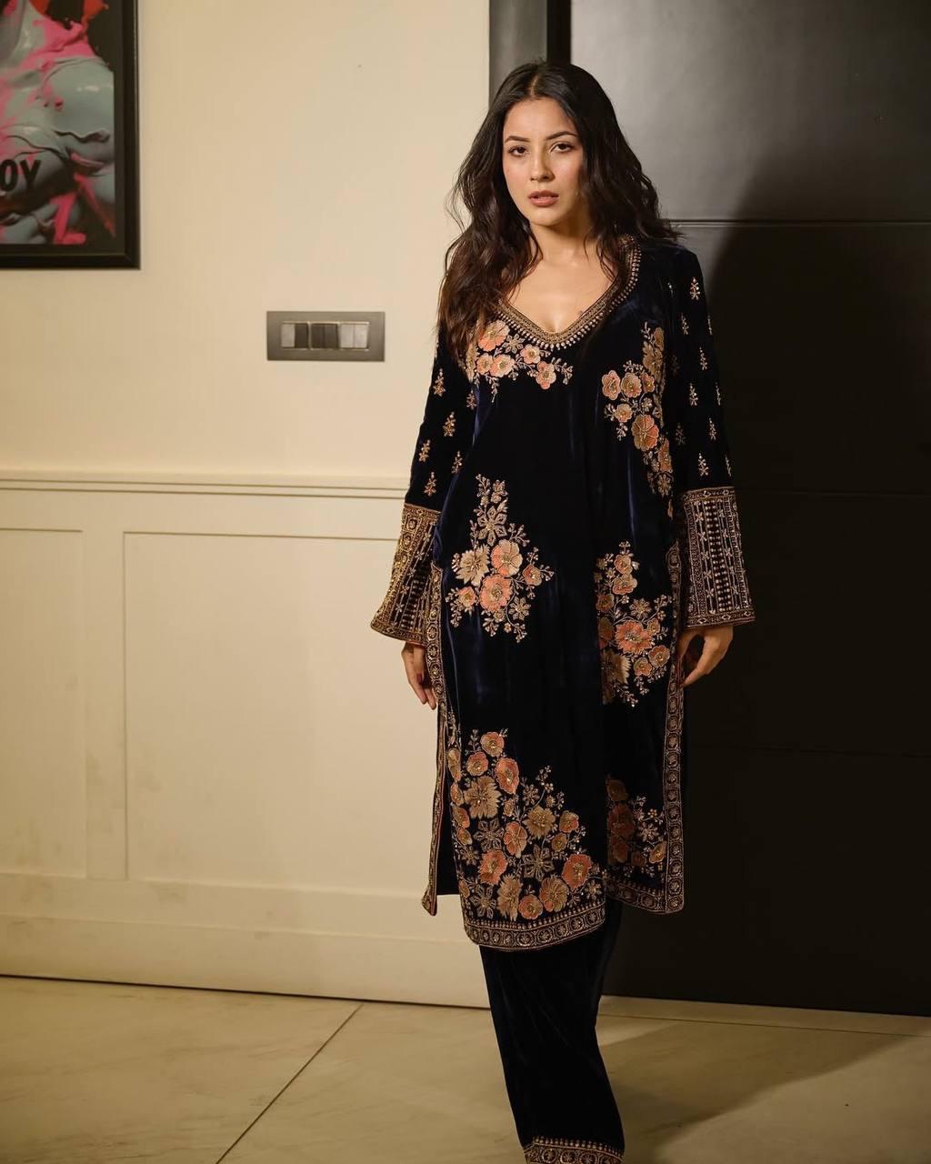 Dark Blue Color Viscose Embroidery And Sequins Work Palazzo Suits Near Me