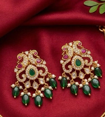 Traditional Green beads Gold Plated Necklace With Earrings For Women