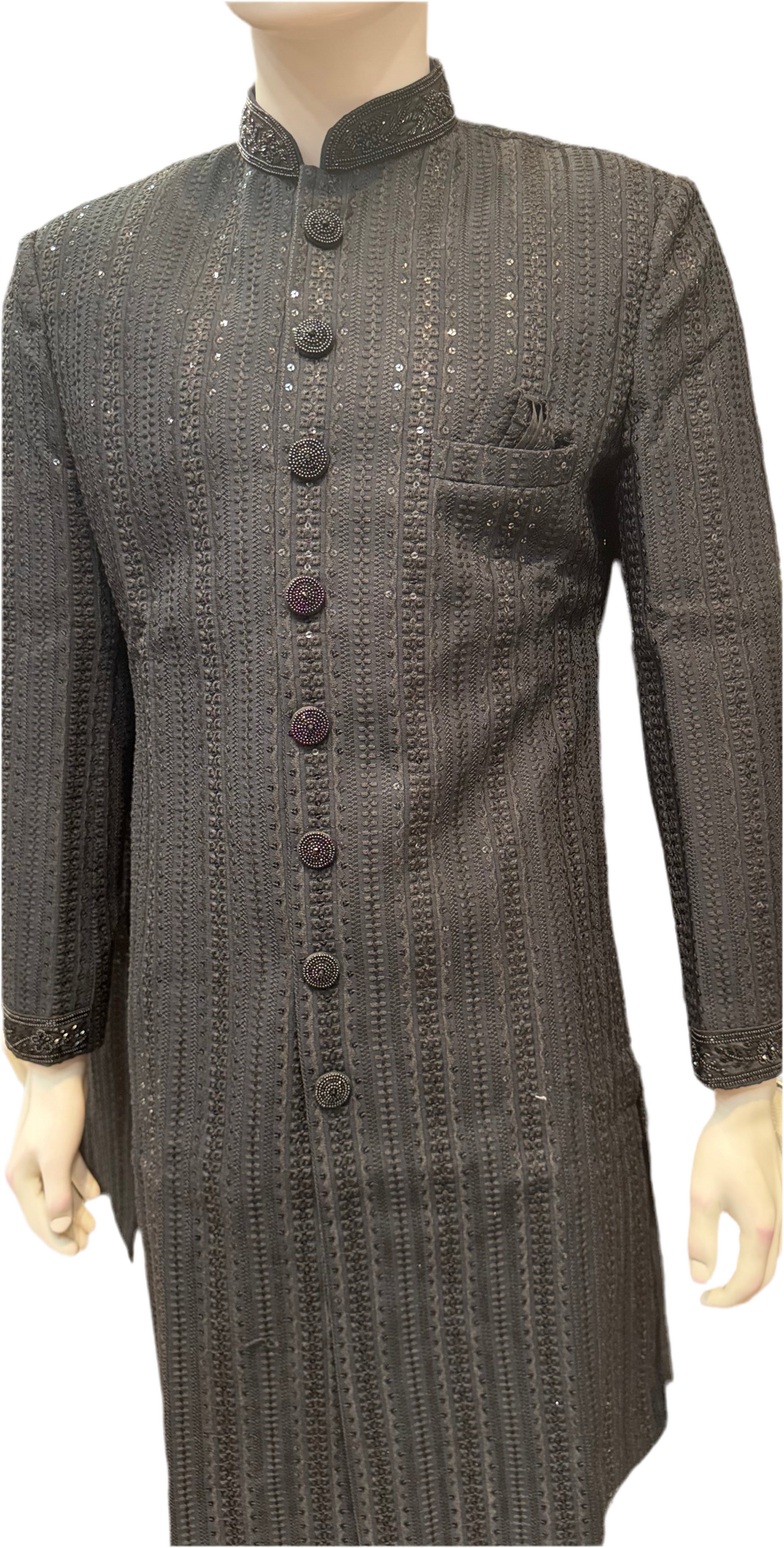 Premium Designer Vivaah Hand Embroidery Silk Sherwani Suit For Men - Black