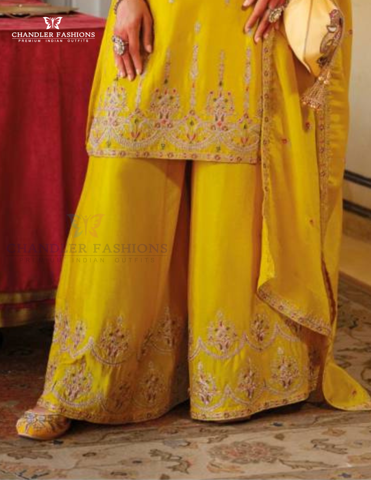 Yellow Color Chinon Embroidery Work Kurti Palazzo Pant With Dupatta In USA