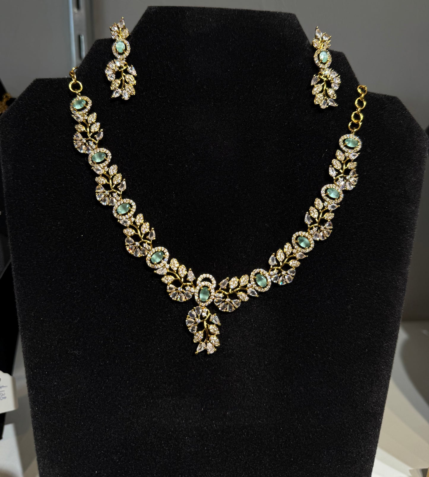 Beautiful White and Green Color Stones Gold Plated Necklace With Earrings