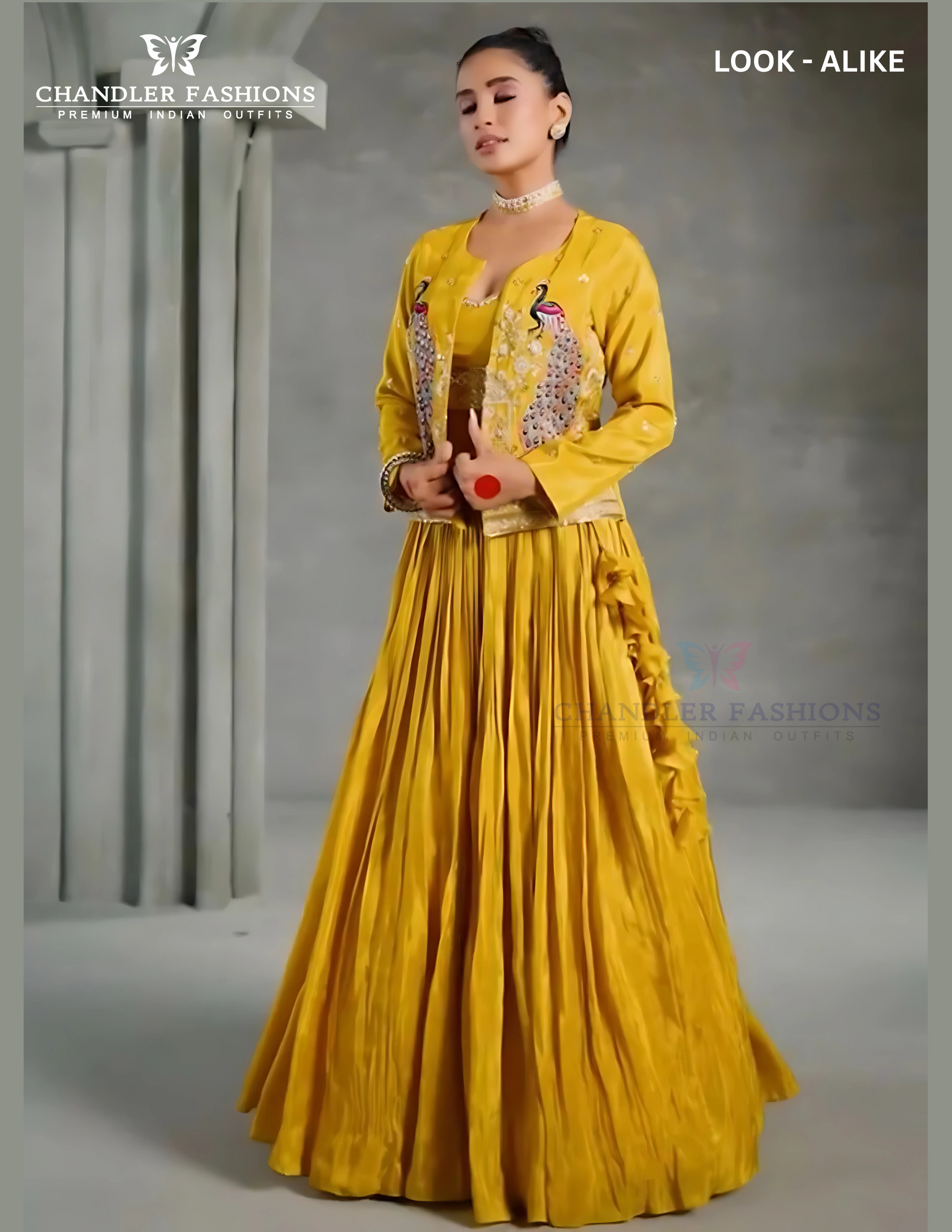 Appealing Mustard Yellow Color Embroidery Work Indo Western Lehenga For Women