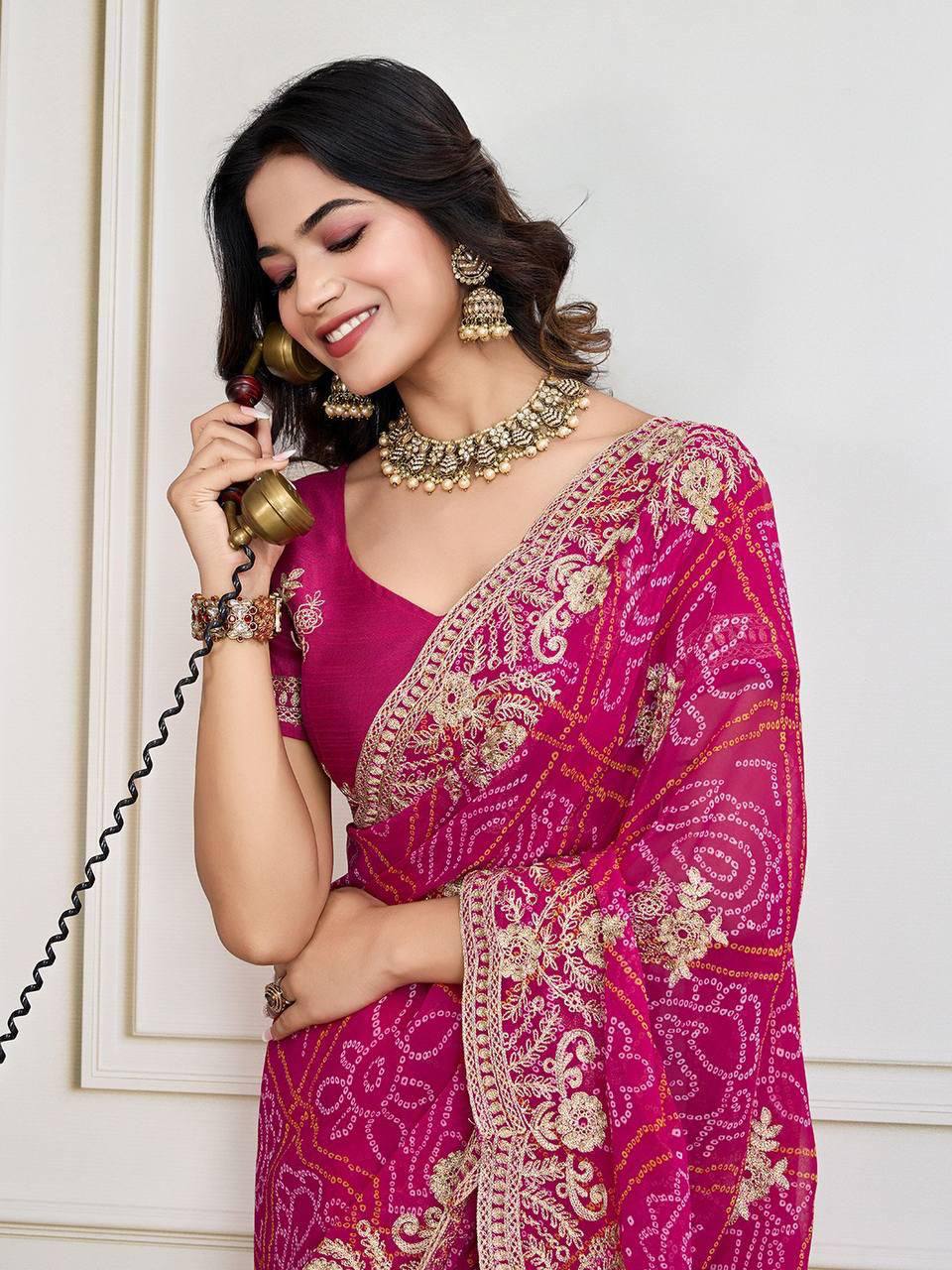 Trendy Rani Pink Embroidery And Bandhej Print Saree Near Me