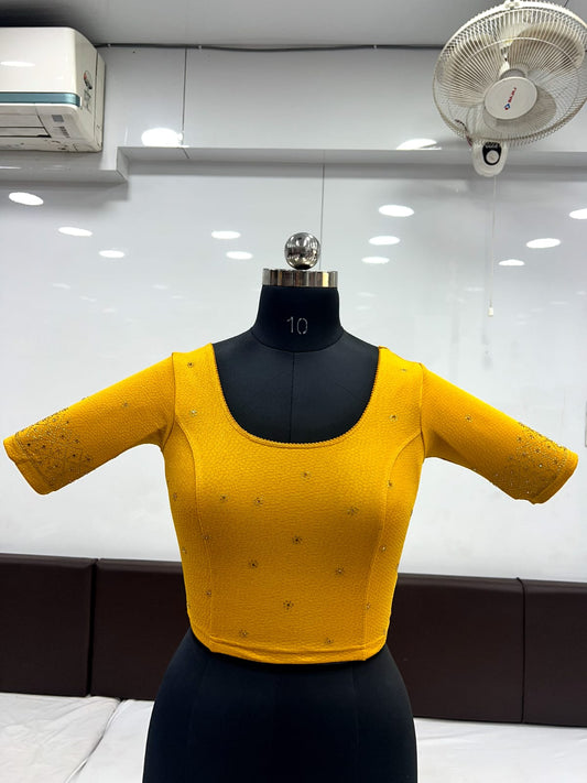 Appealing Yellow Color Cotton Lycra Ready To Wear Strachable Blouse With Siroski Work