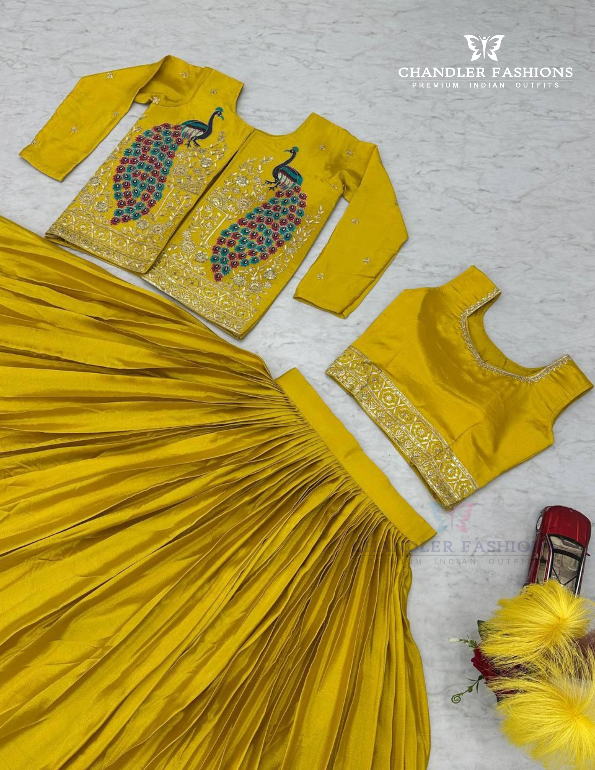 Appealing Mustard Yellow Color Embroidery Work Indo Western Lehenga In Mesa