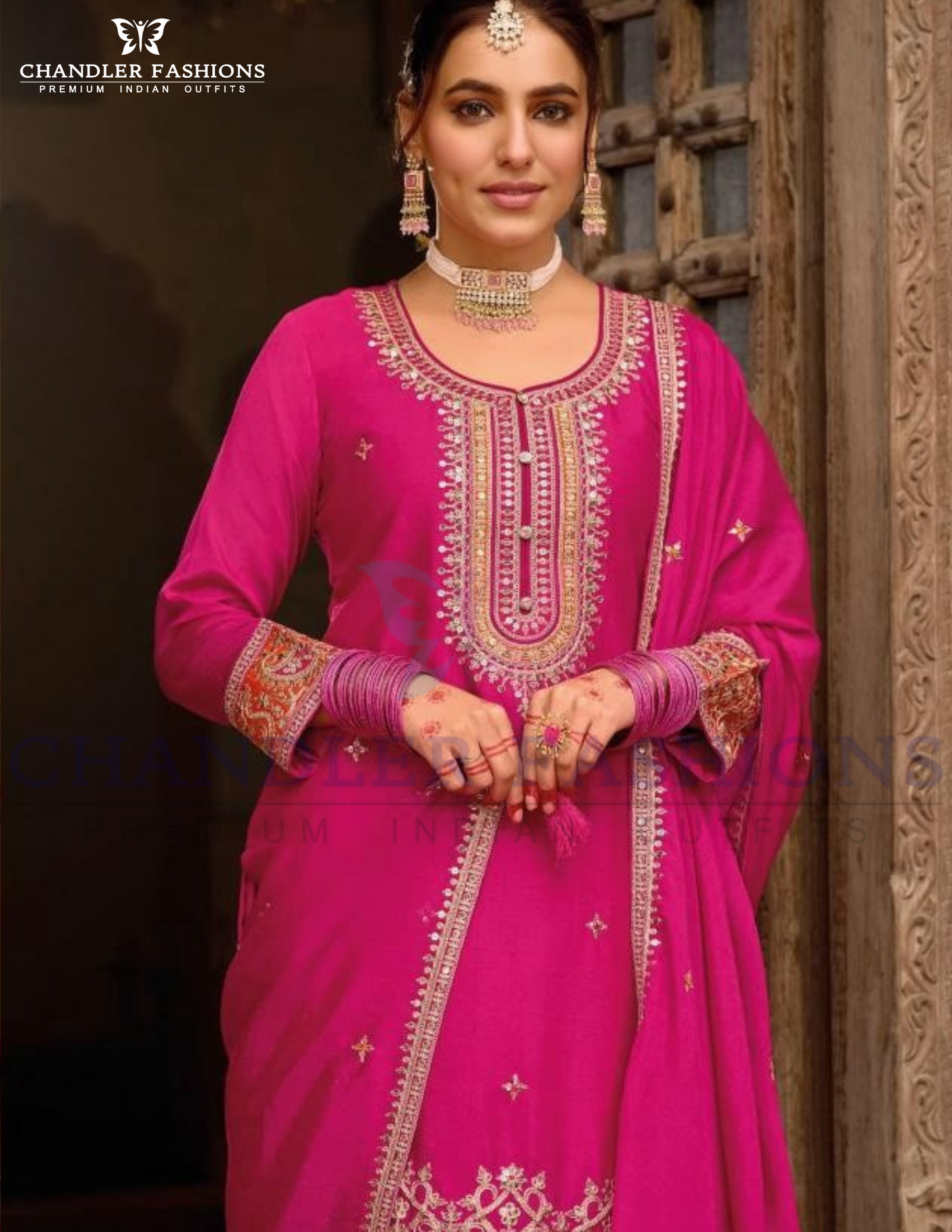 Divine Pink Color Chinon With Embroidery Work Palazzo Suits Near Me