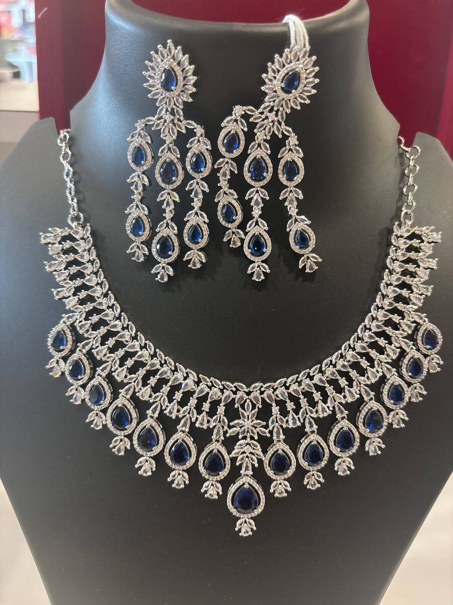 Wonderful Blue and White Color Stone Embadded American Diamond Necklace With Earrings Set