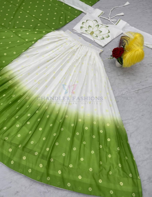 Elegant White And Green Color Lehenga Choli With Printed Work For Women