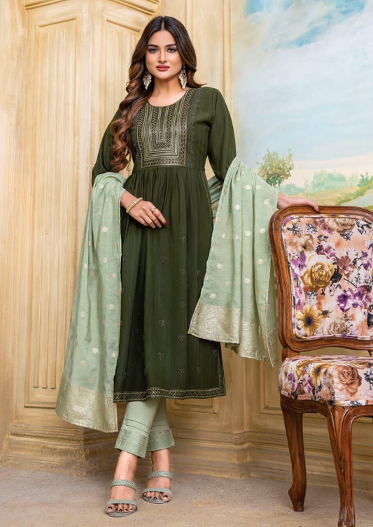 Gorgeous Green Colored Nylon Kurti With Embroidery Work & Heavy Lycra Pant