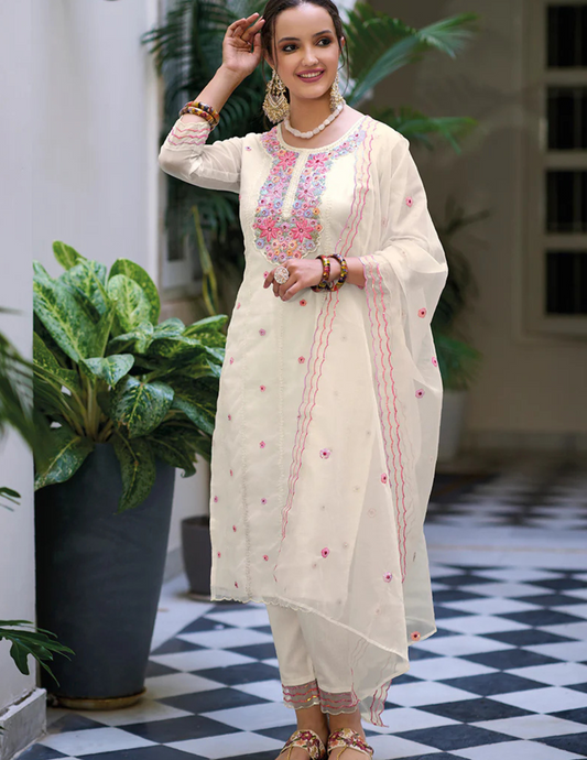 Gorgeous Heavy Organza Fancy Embroidery Salwar Suits White Color Kurti Sets For Women