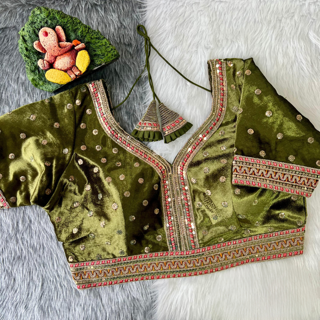 Gorgeous Mehendi Green Color Heavy Pure Soft Velvet Readymade Blouse For Women