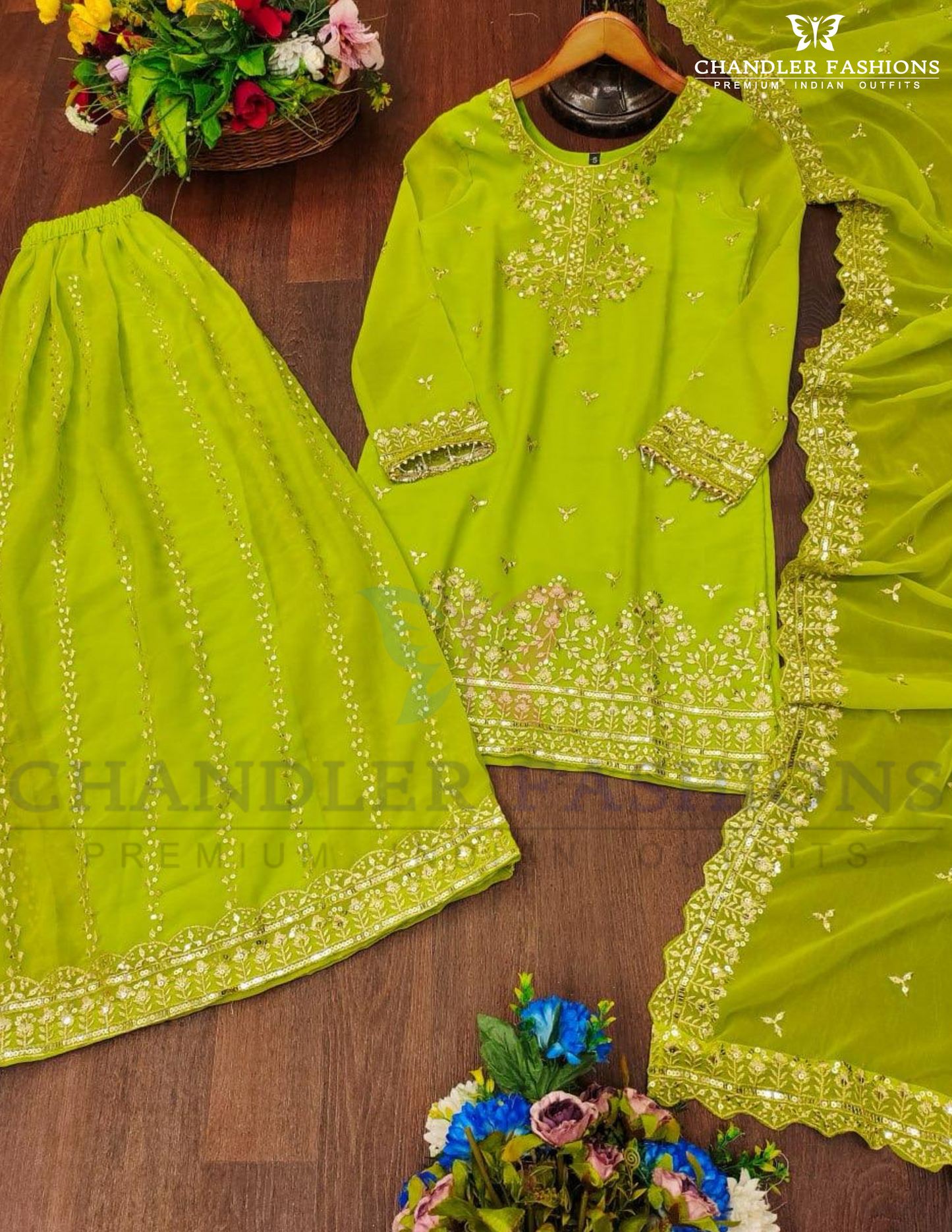 Alluring Lime Green Color Georgette Palazoo Suits With Dupatta in Suncity