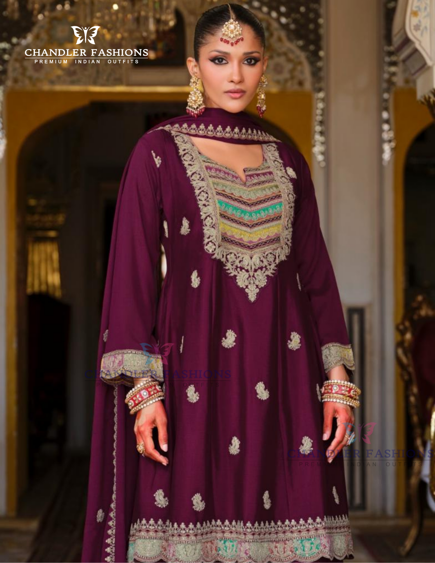 Stunning Wine Color Heavy Chinon With Embroidery Work Palazzo Suits Near Me