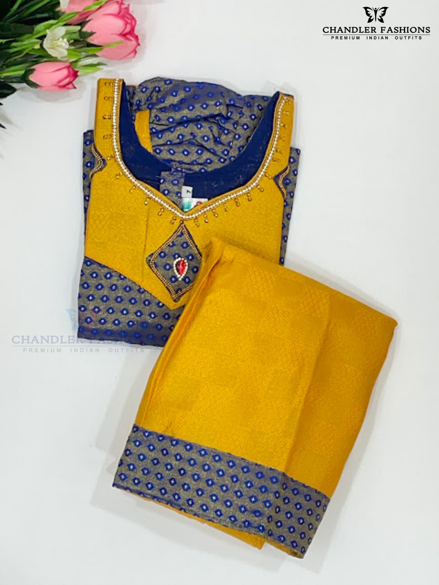 Alluring Navy Blue And Mustard Yellow Color Art Silk Langa Sets For Girls