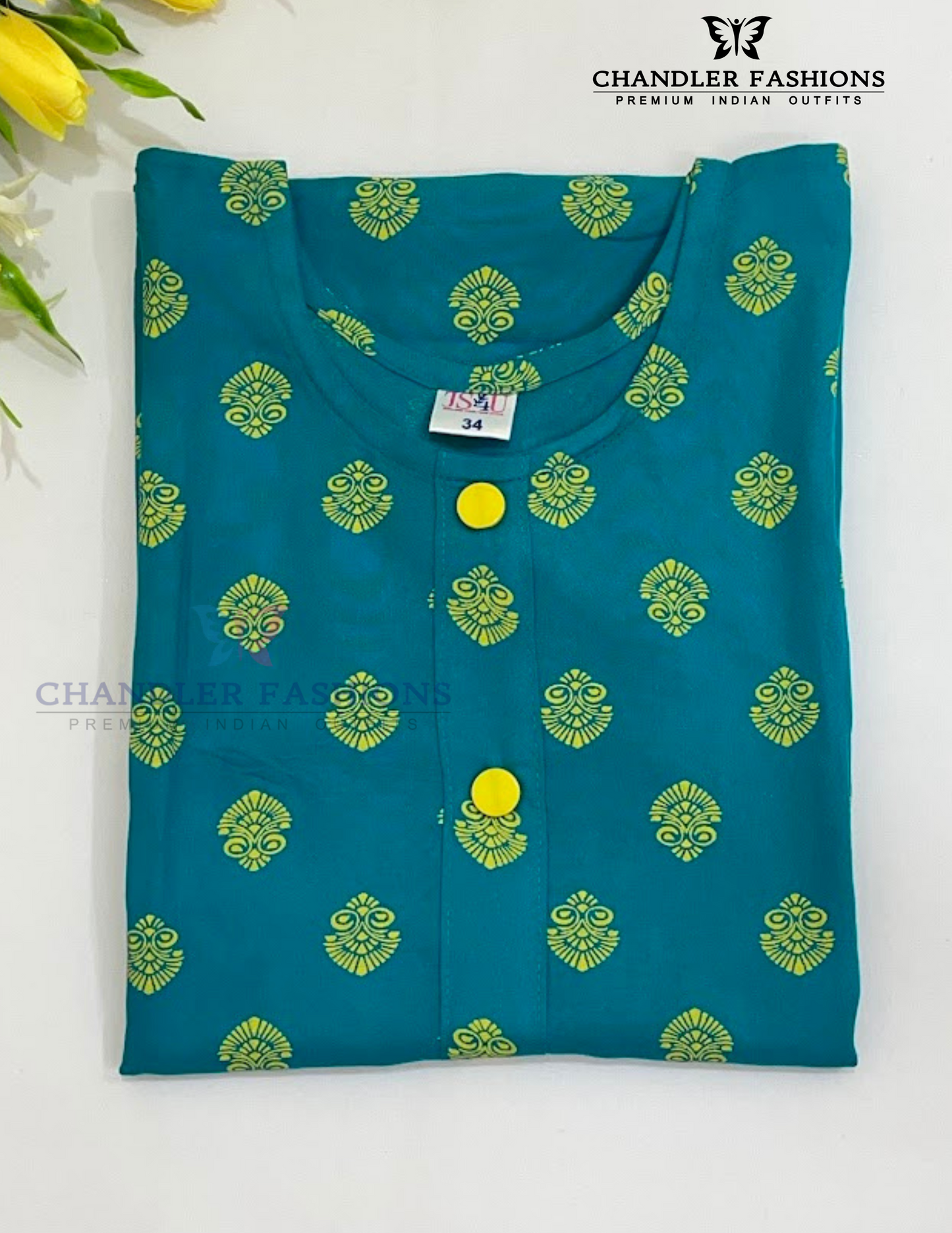 Attractive Rama Green Color Rayon With Printed Work Kurti For Girls Near Me