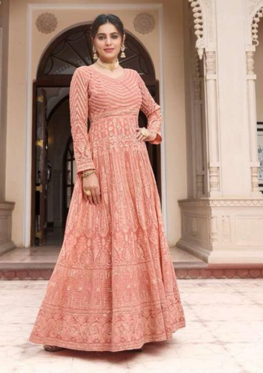 Elegant Peach Colored Georgette & Chinon Kurtis And Indo Western Suits With Dupatta