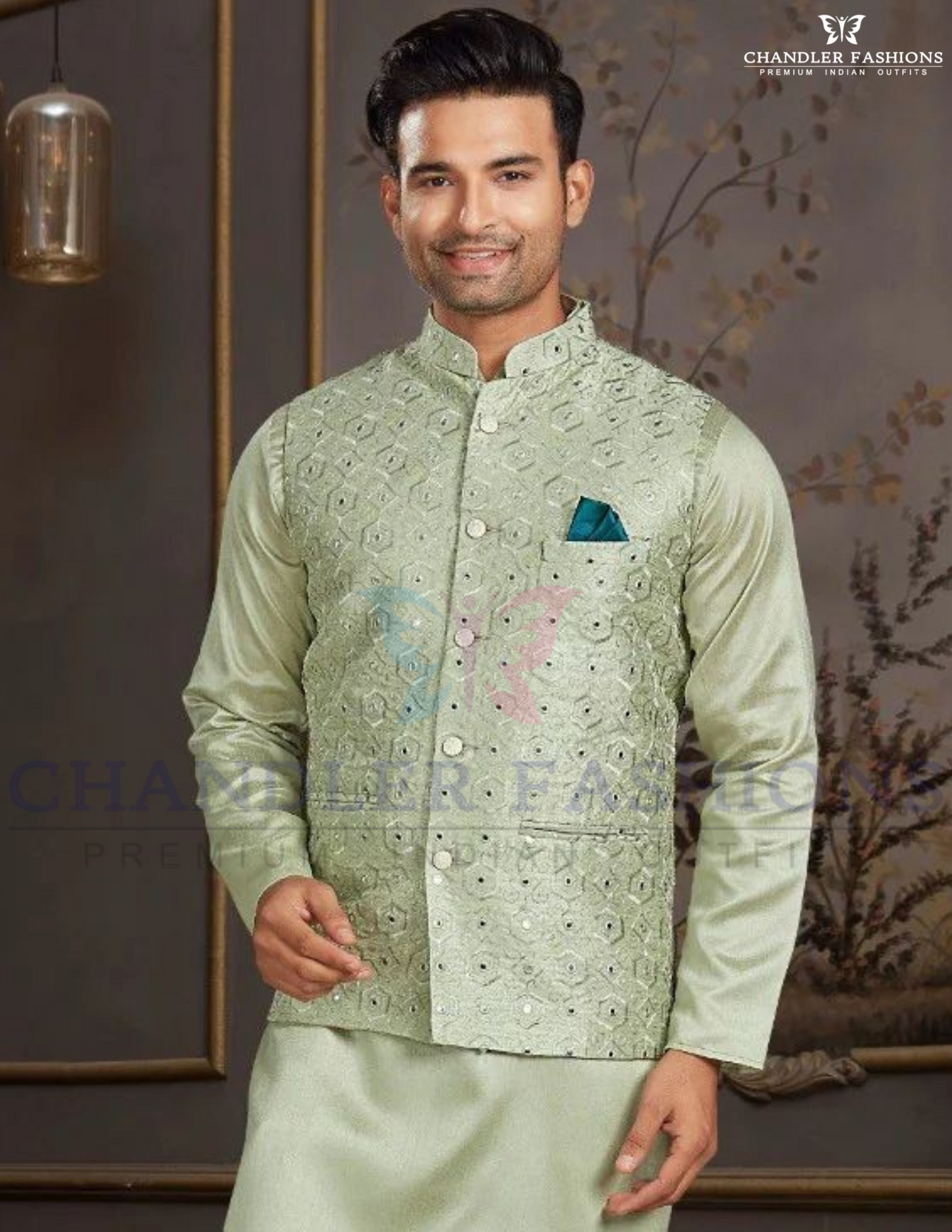 Attractive Light Green Color Silk Mastani Thread Work Kurta With Pajama And Jacket Set For Men