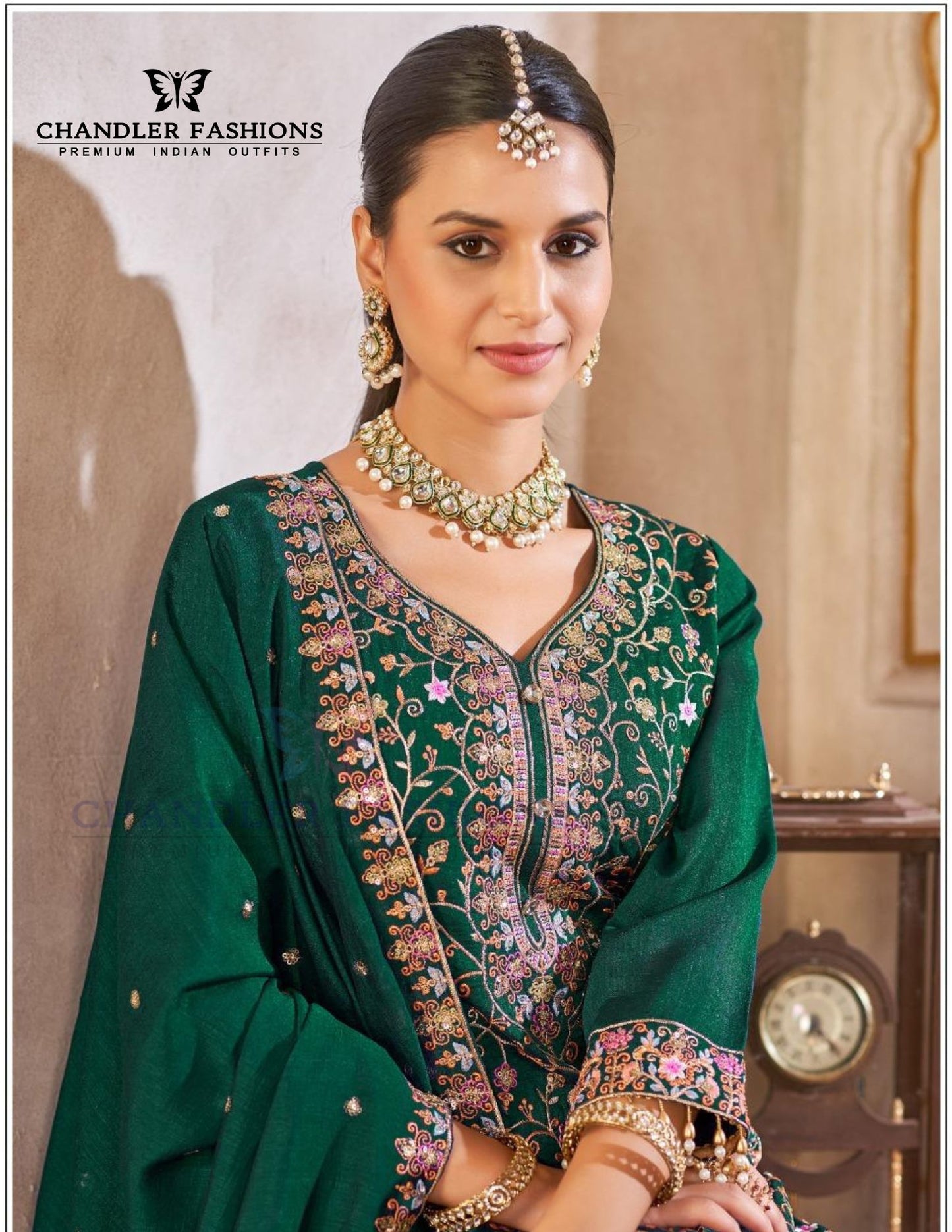 Green Color Vichitra Silk With Heavy Embroidery Work Salwar Suits Near Me