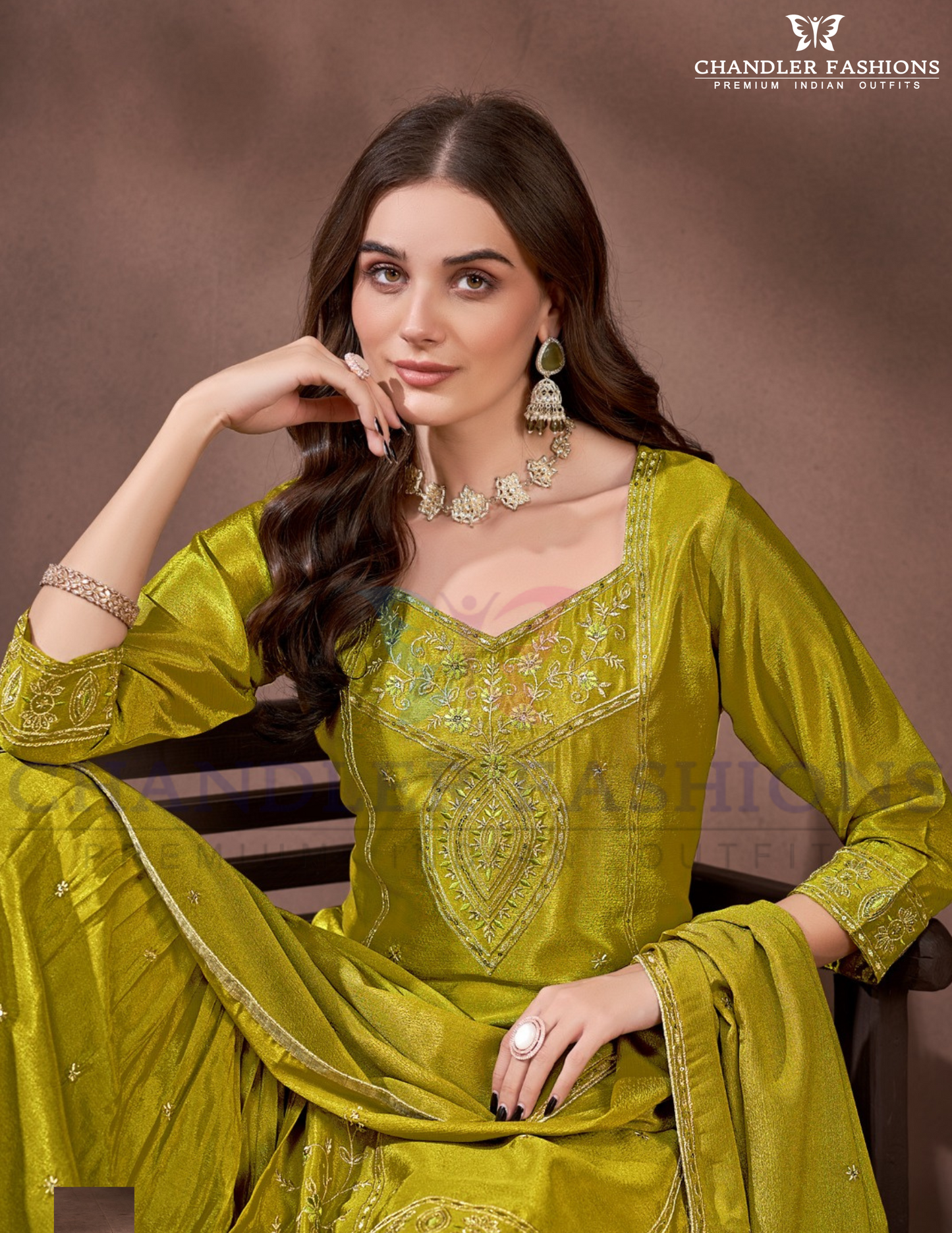 Gorgeous Mehendi Green Color Chinon Sharara Suit In Chandler