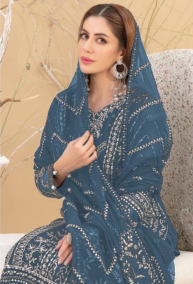 Teal Blue Color Faux Georgette With Embroidery Work Salwar Suits Near Me