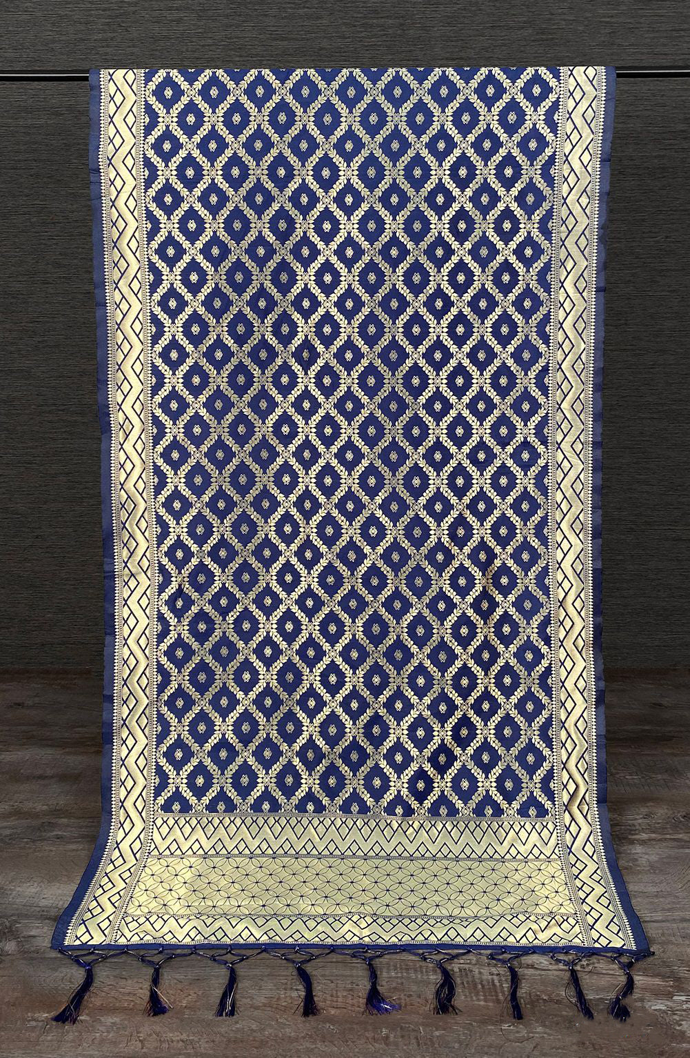 Delightful Blue Colored Jacquard Banarasi Designer With Printed Dupatta