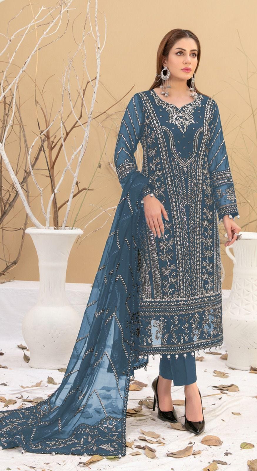 Alluring Teal Blue Colored Faux Georgette With Embroidery Work Salwar Suits For Women