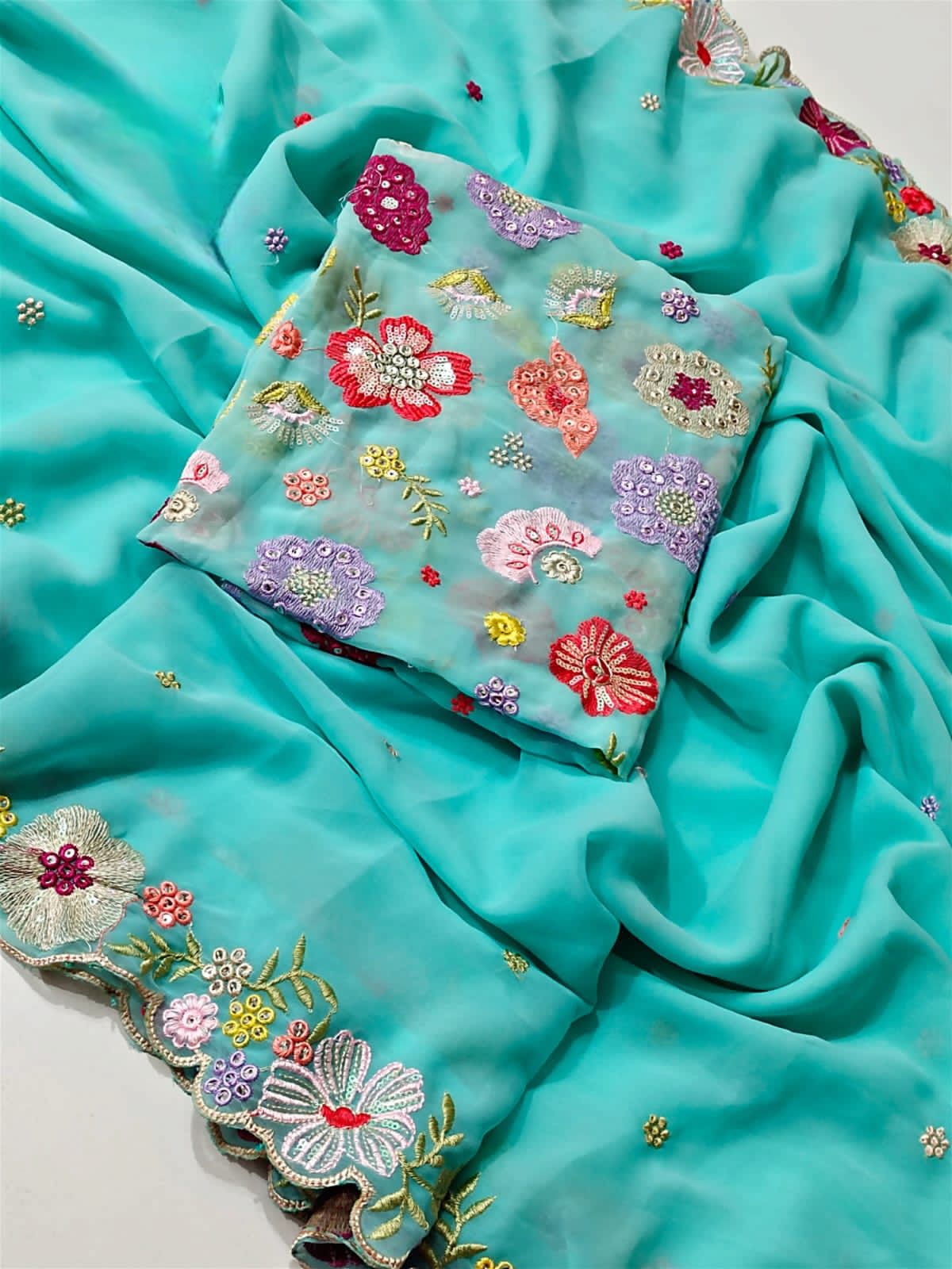 Beautiful Skyblue Colored Faux Georgette Embroidery Work Designer Saree For Women Near Me