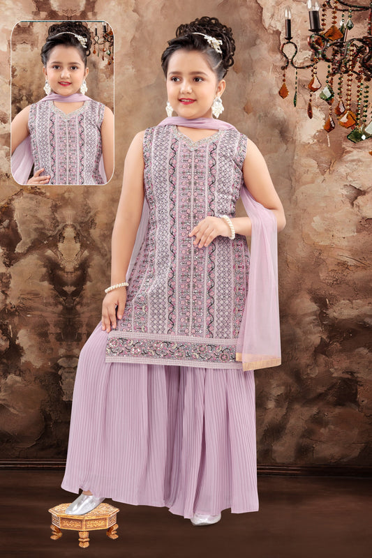 Pleasing Purple Colored Embroidery Coat Palazzo Pant With Dupatta Set For Kids