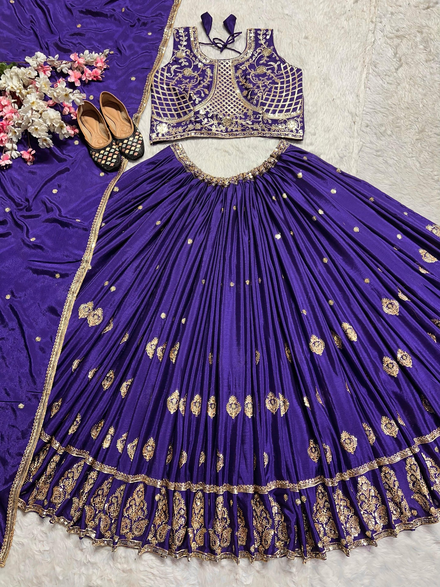 Navy Blue Color Embroidery Sequins Work Lehenga Choli With Dupatta In Yuma