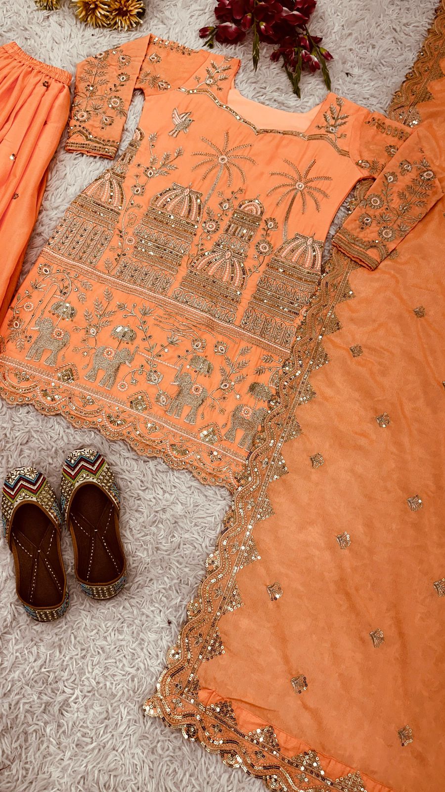 Orange Color Chinon Silk Sharara Suits Dupatta Set In Mesa