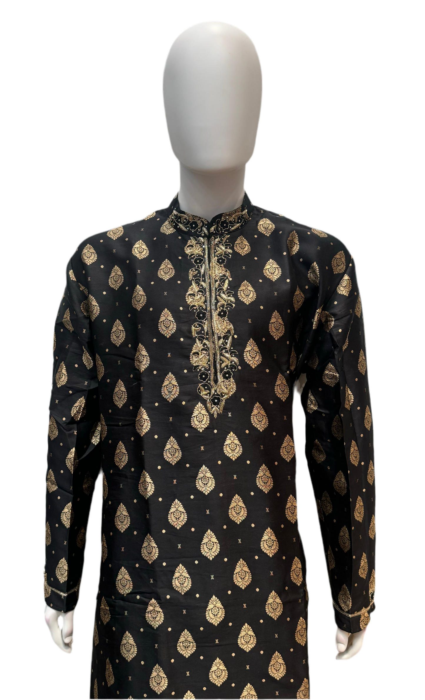 Attractive Black Color Handcrafted Zardozi Work With Small Paisley Designed Men's Brocade Kurta Suits