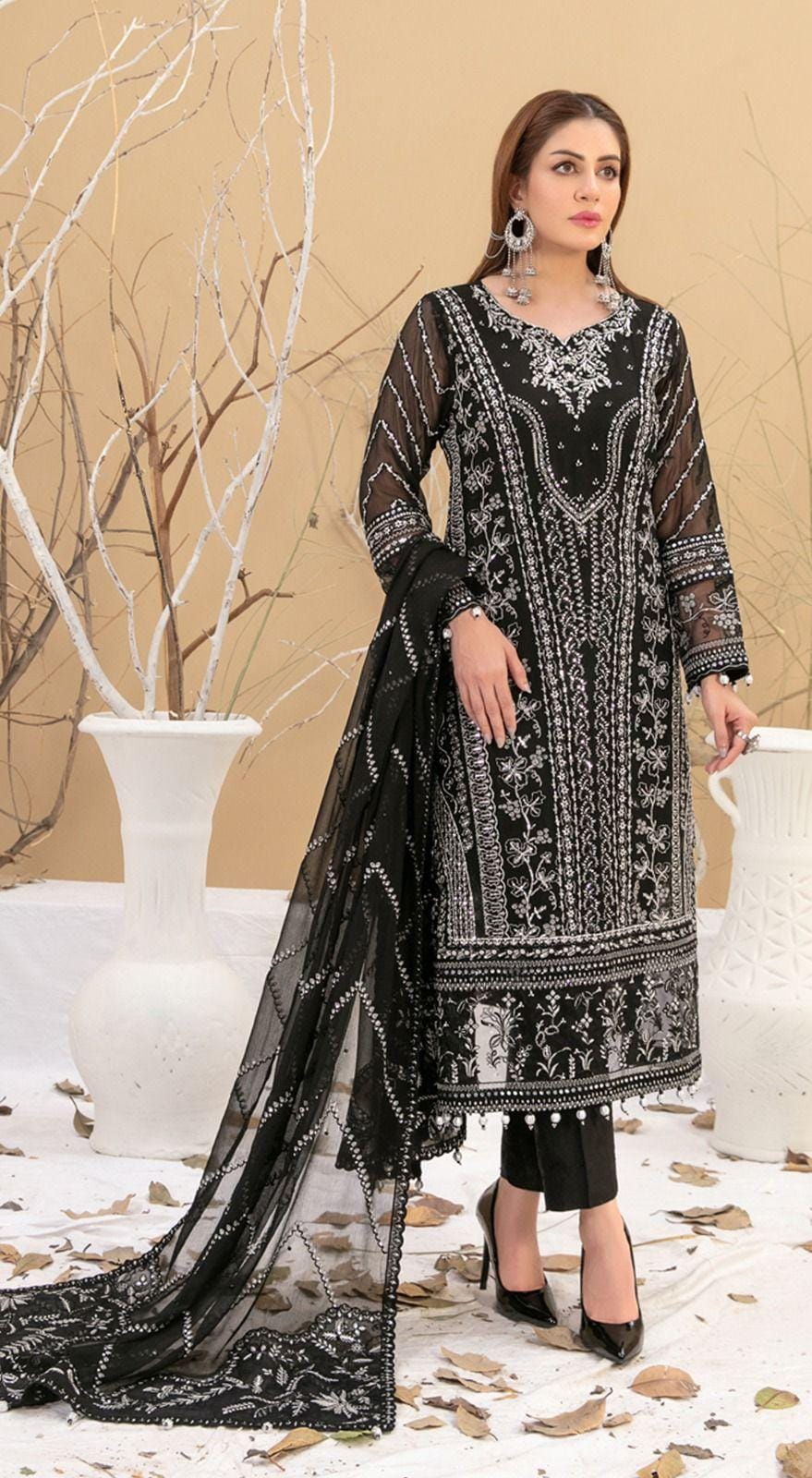 Attractive Black Colored Faux Georgette With Embroidery Work Salwar Suits For Women