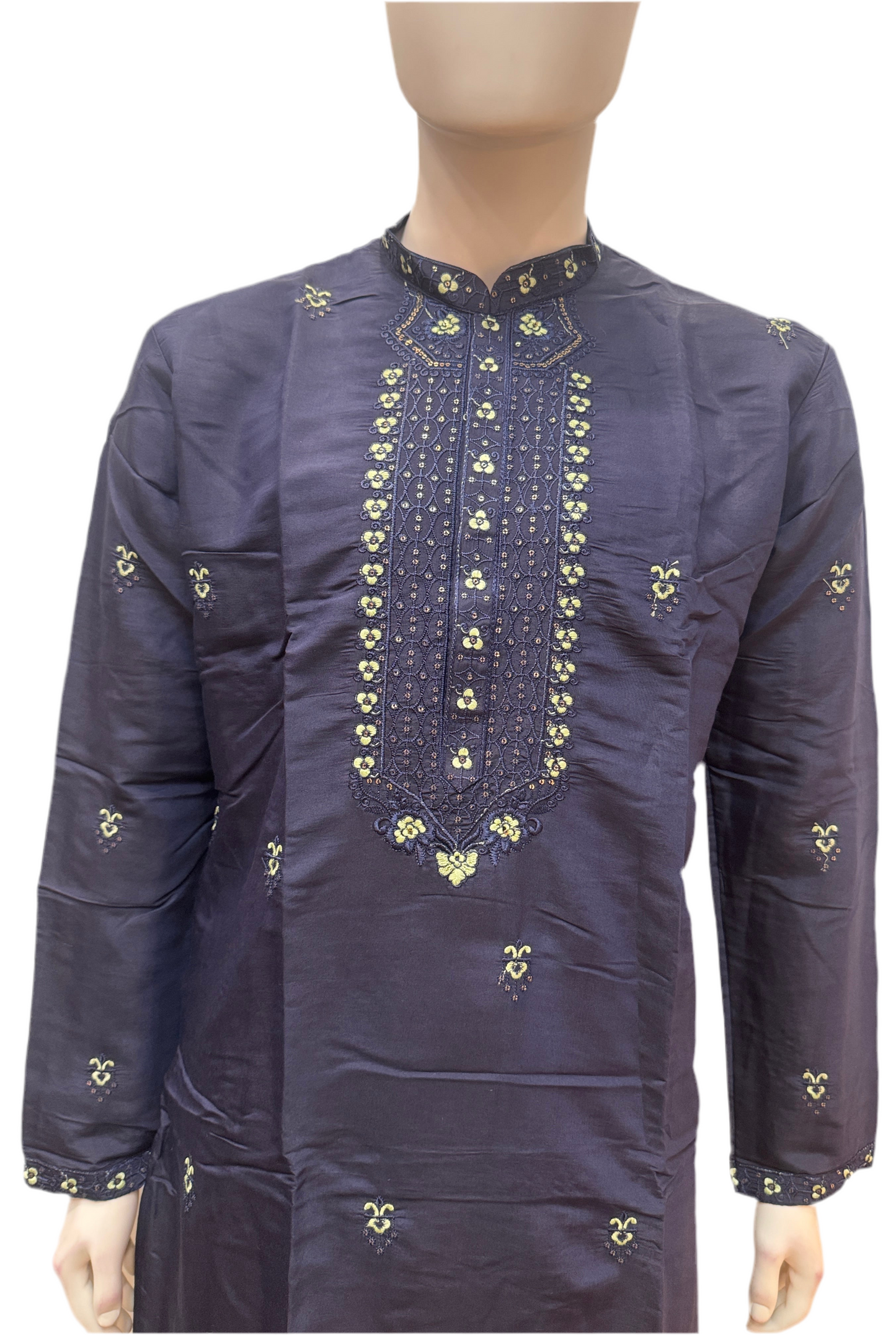 Delightful Dark Blue Color With Cotton Embroidery Work Kurta Suits For Men
