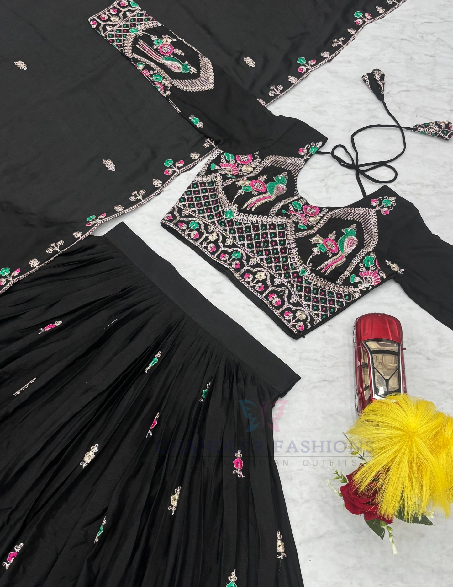 Amazing Black Color Embroidery And Thread Work Lehenga Choli With Dupatta In Yuma