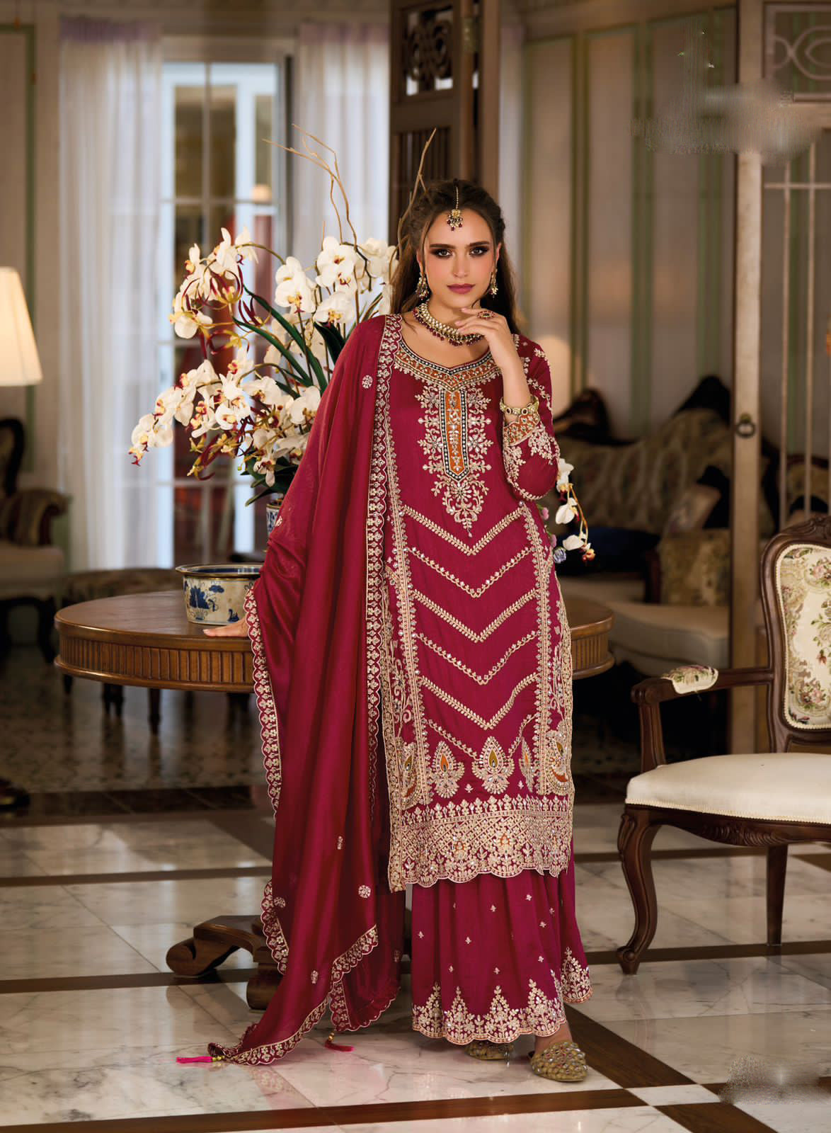 Dazzling Pink Color Premium Silk And Embroidery Work Palazzo Suits With Dupatta For Women In Chandler