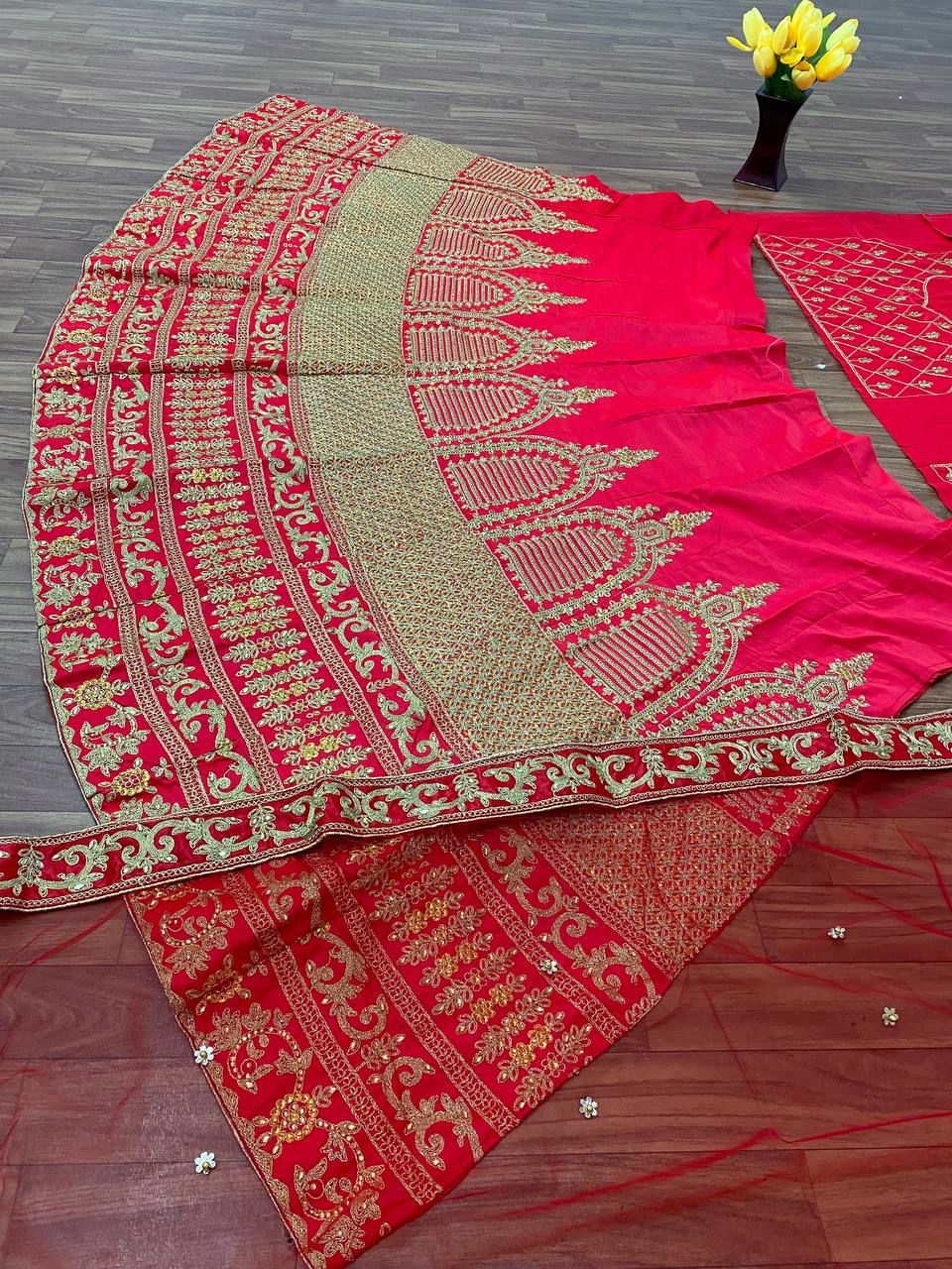 Dazzling Red Color Zari Sequins Embroidery Work Satin Silk Lehenga Choli For Women In Mesa