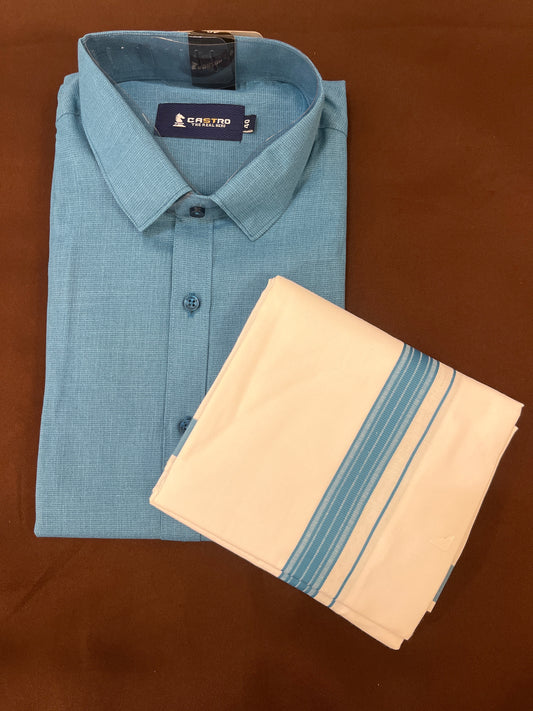 Beautiful Teal Blue Color Mens Cotton Shirt With Teal Blue Border Dhoti