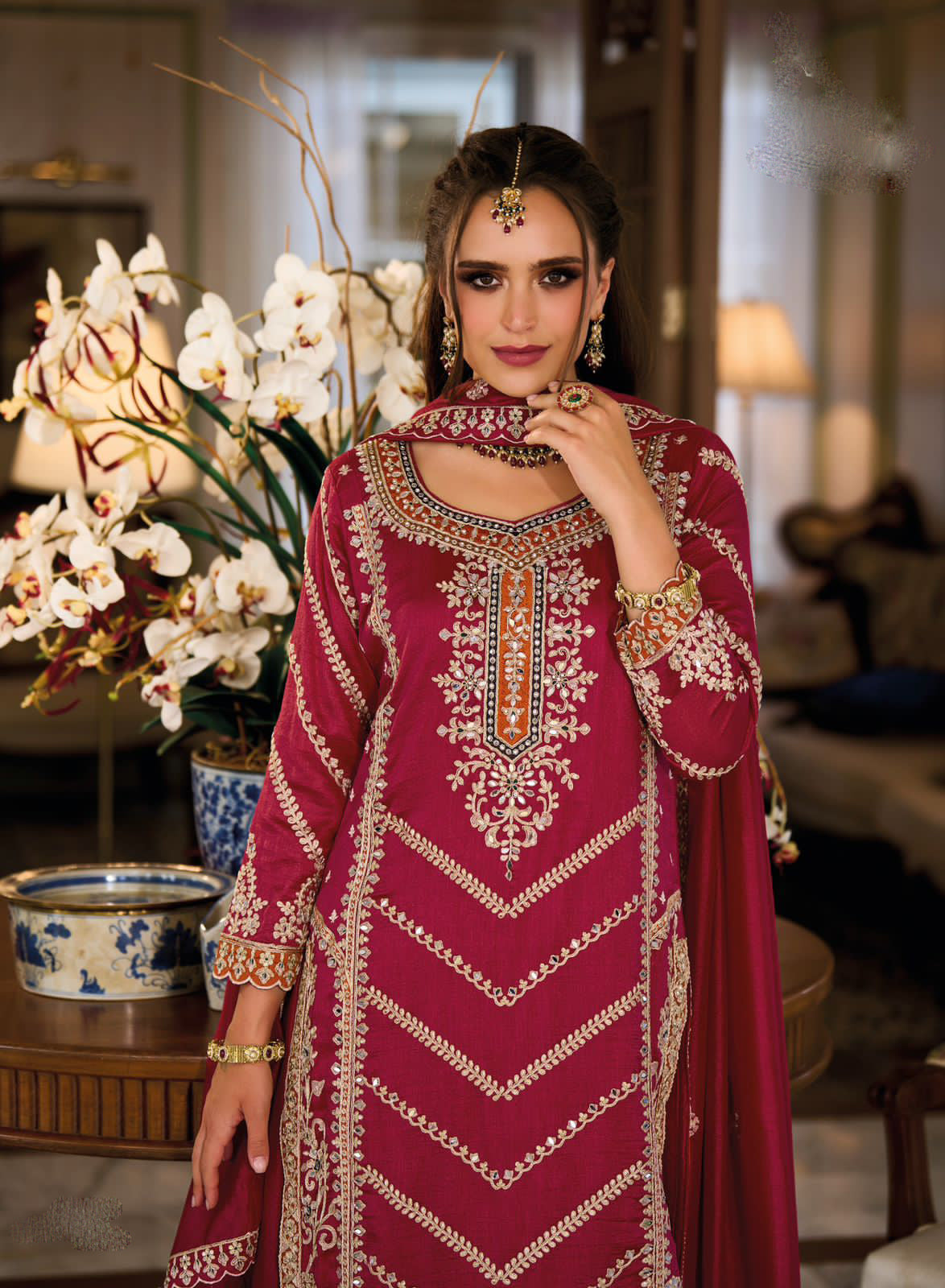 Dazzling Pink Color Premium Silk And Embroidery Work Palazzo Suits With Dupatta For Women Near Me