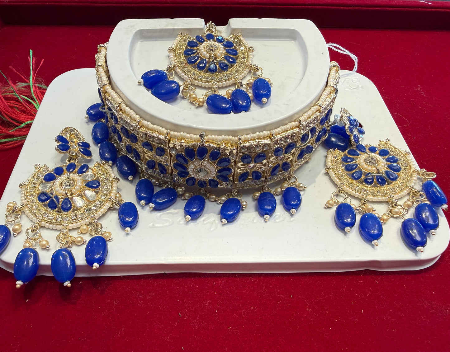 Wonderful Blue and White stones Choker with earrings and maang tikka