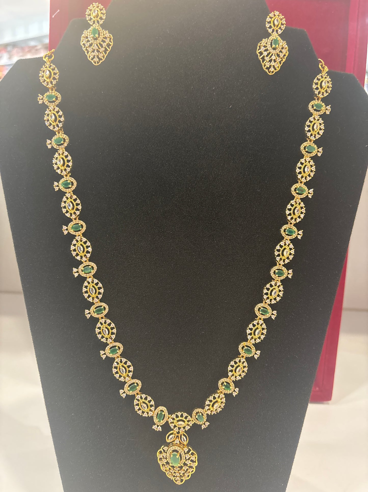 Royal Emerald Green and white Stones Gold Plated Long Necklace With Earrings
