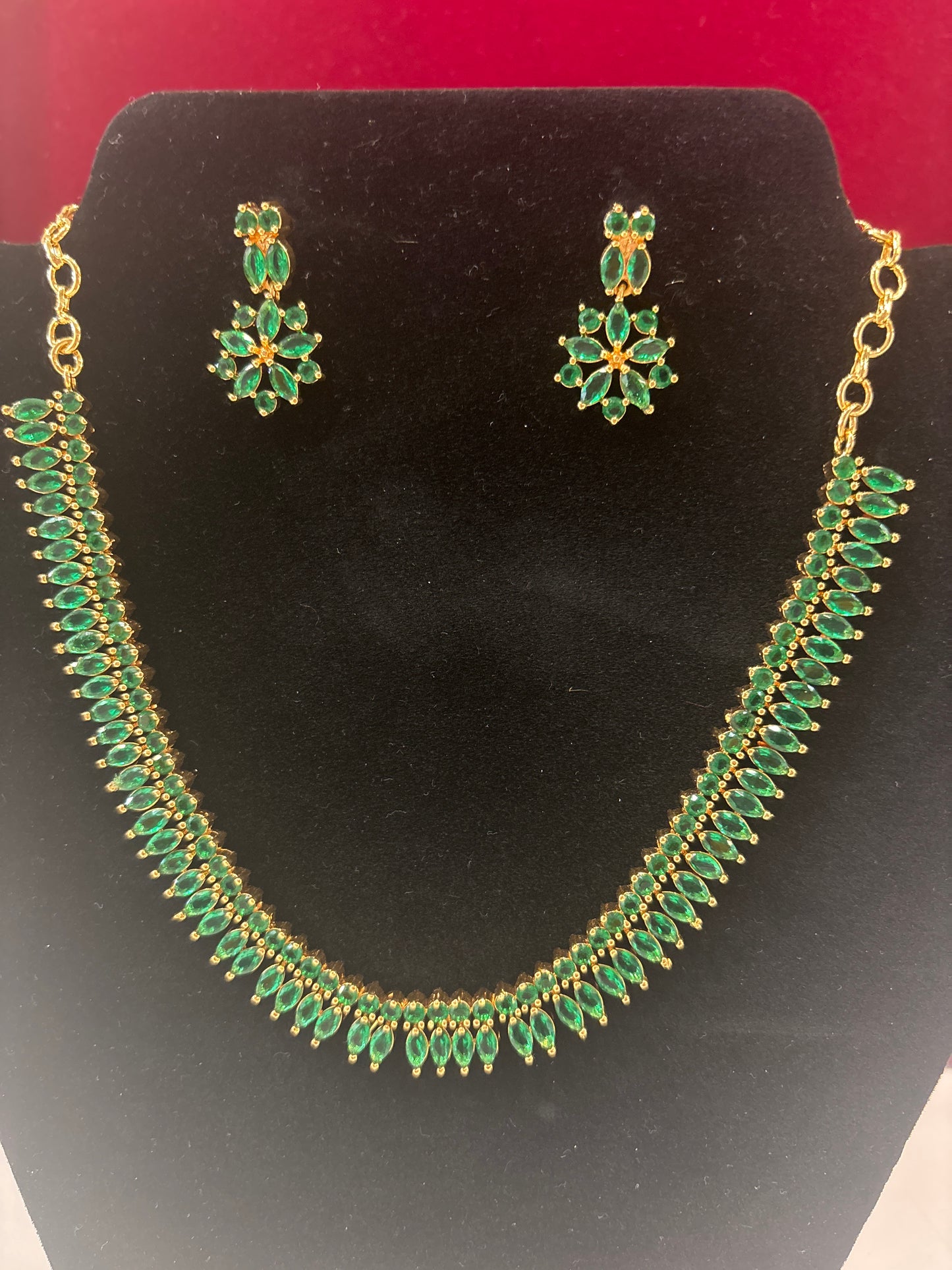 Attractive Green Color Stones Gold Plated Necklace With Earrings Set
