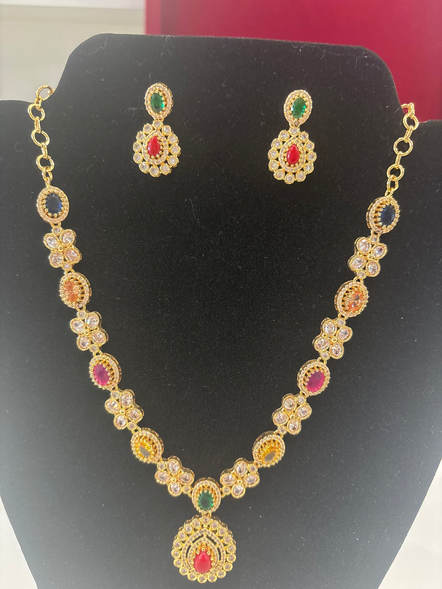 Amazing Gold Plated Multicolor Stones Necklace Set With Earrings For Women
